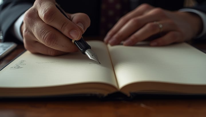 The hands of an experienced strategist hold a high-quality fountain pen, leaving a dark ink line on the textured cream-colored paper of an open, worn Moleskine notebook.