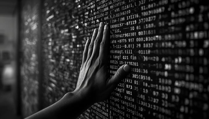 A human hand pressing against a floor-to-ceiling wall of glowing digital code and data streams.