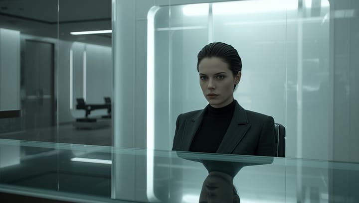  A futuristic receptionist sits behind a polished glass counter.