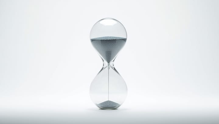 A modern, perfectly clear glass hourglass.