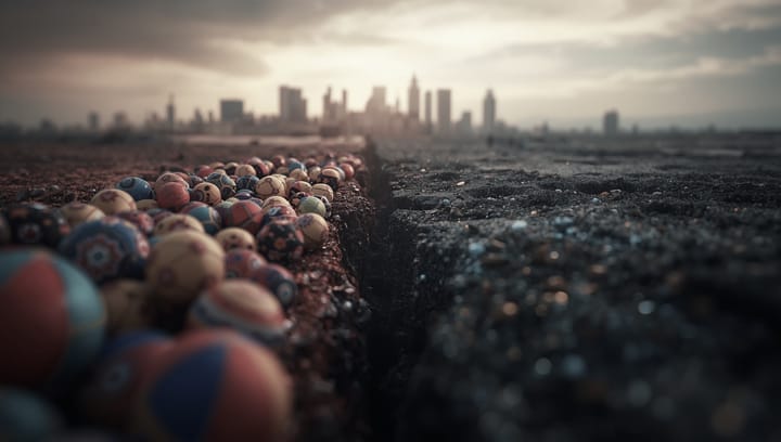 A landscape showing a gap between a playful world an a world of gray stone