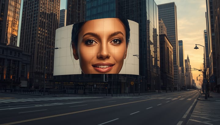 A massive outdoor advertising screen displays a person's face smiling in an empty city.