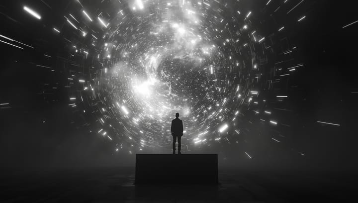  A human figure is standing on a podium and looks at a swirling storm of glowing geometric data streams.