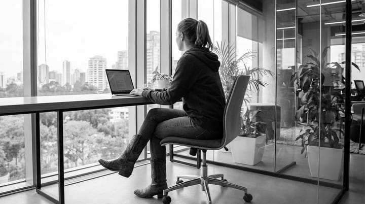 A woman is sitting at her desk in a modern office.